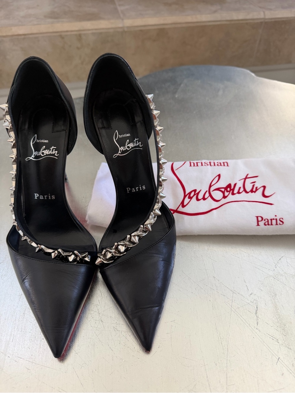 Christian Louboutin Black Leather Pointed Stud-Trim Pumps